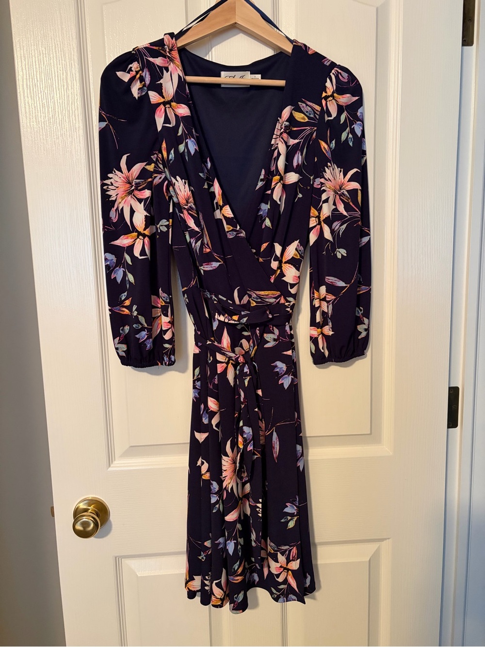 Eliza J Navy Floral Wrap Dress with Pink Blooms